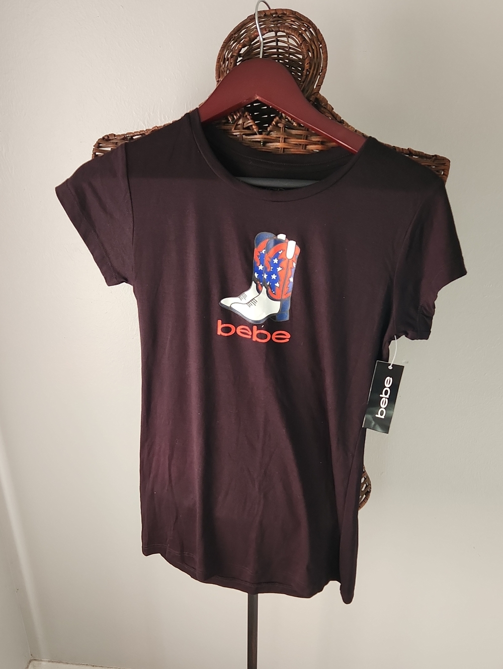bebe Black Short-Sleeve Tee with Patriotic Cowboy Boot Graphic